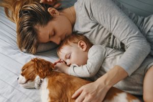 Mom, baby and brown dog lie next to each other in bed sleeping