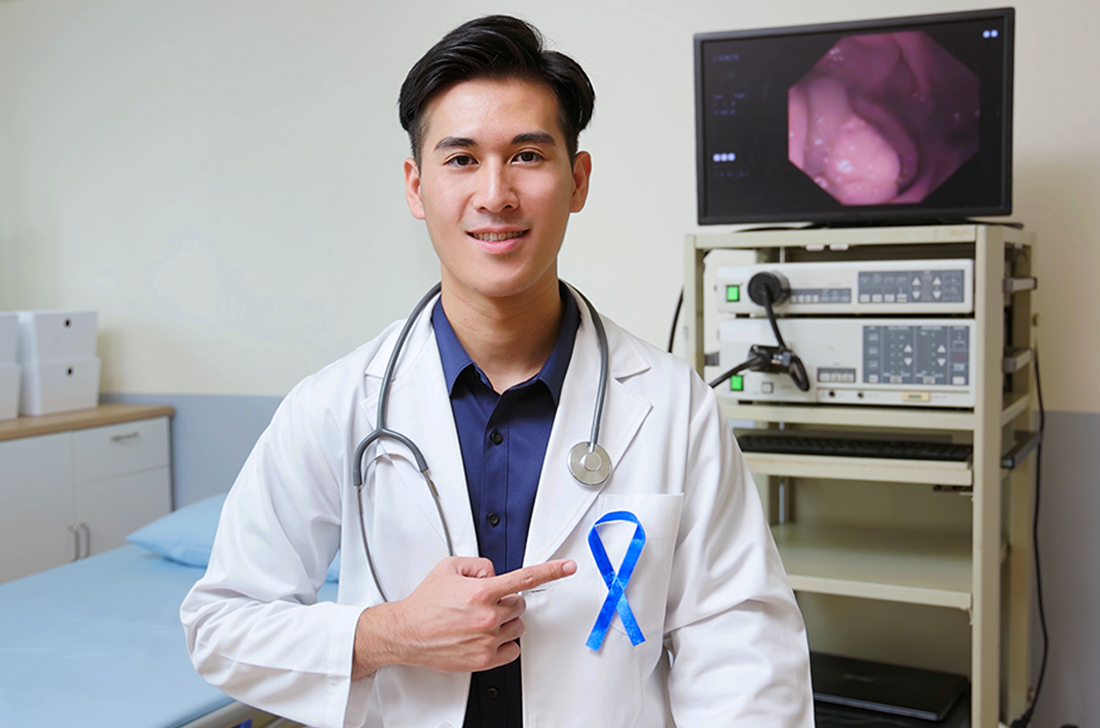 A doctor wears and points to the colorectal cancer awareness month ribbon